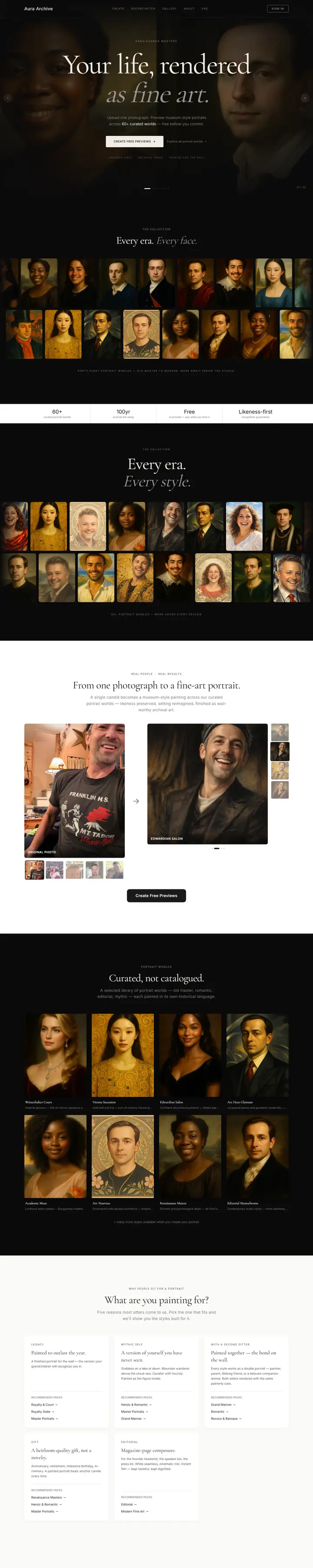 Aura Archive's home page from top to bottom.