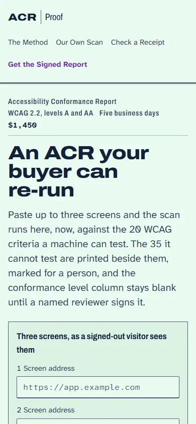 ACR Proof's first screen on a phone, 390 wide.