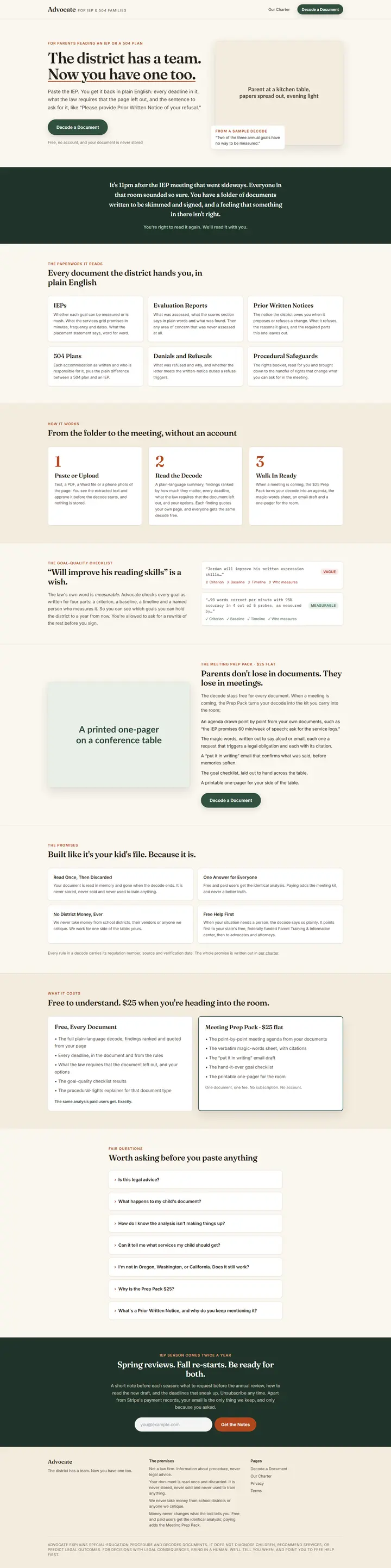 Advocate's home page from top to bottom.