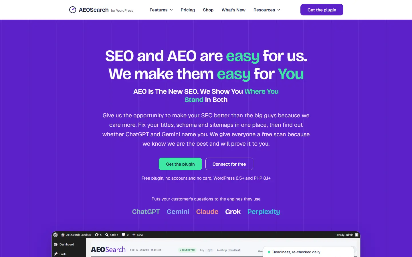 AEOSearch for WordPress's first screen at 1440 wide, captured October 15, 2026.