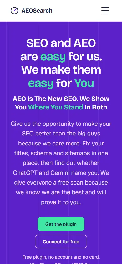 AEOSearch for WordPress's first screen on a phone, 390 wide.