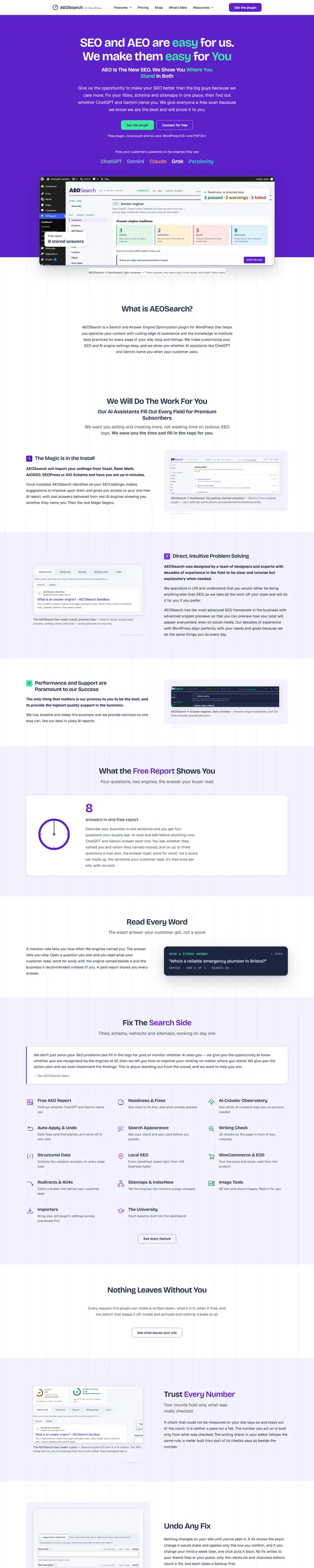 AEOSearch for WordPress's home page from top to bottom.