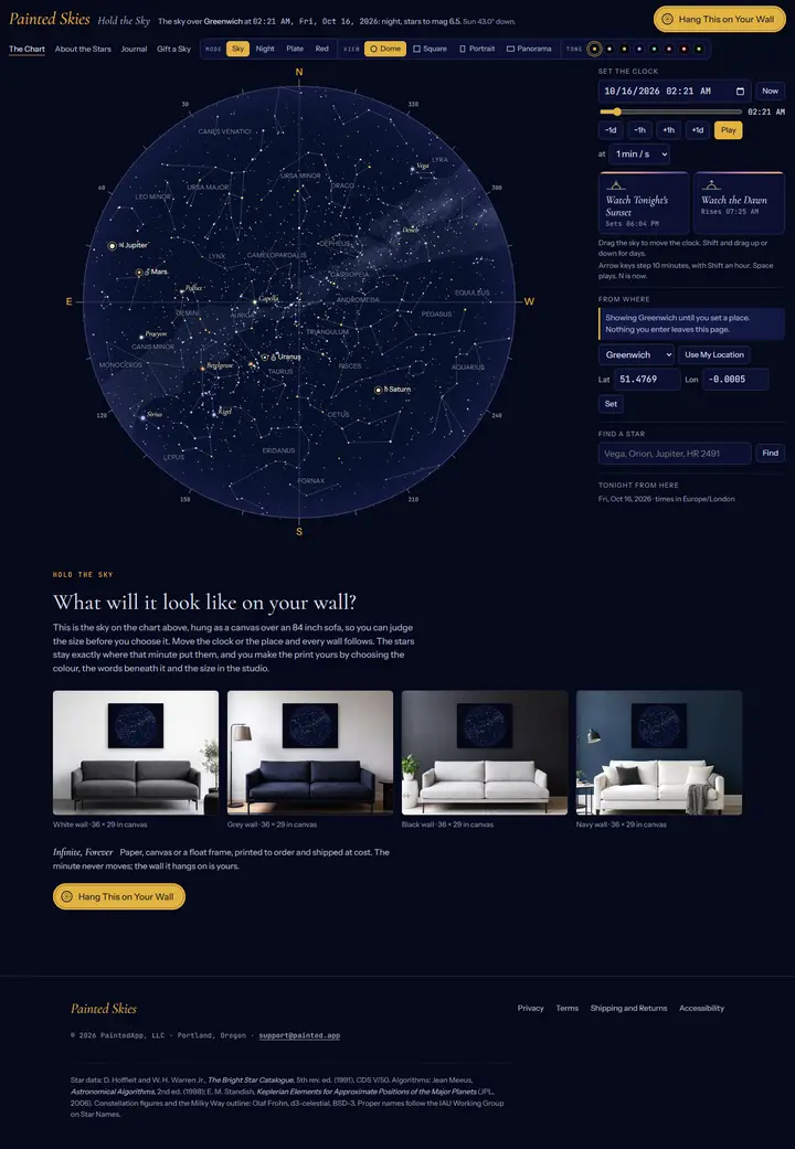 Painted Skies's home page from top to bottom.