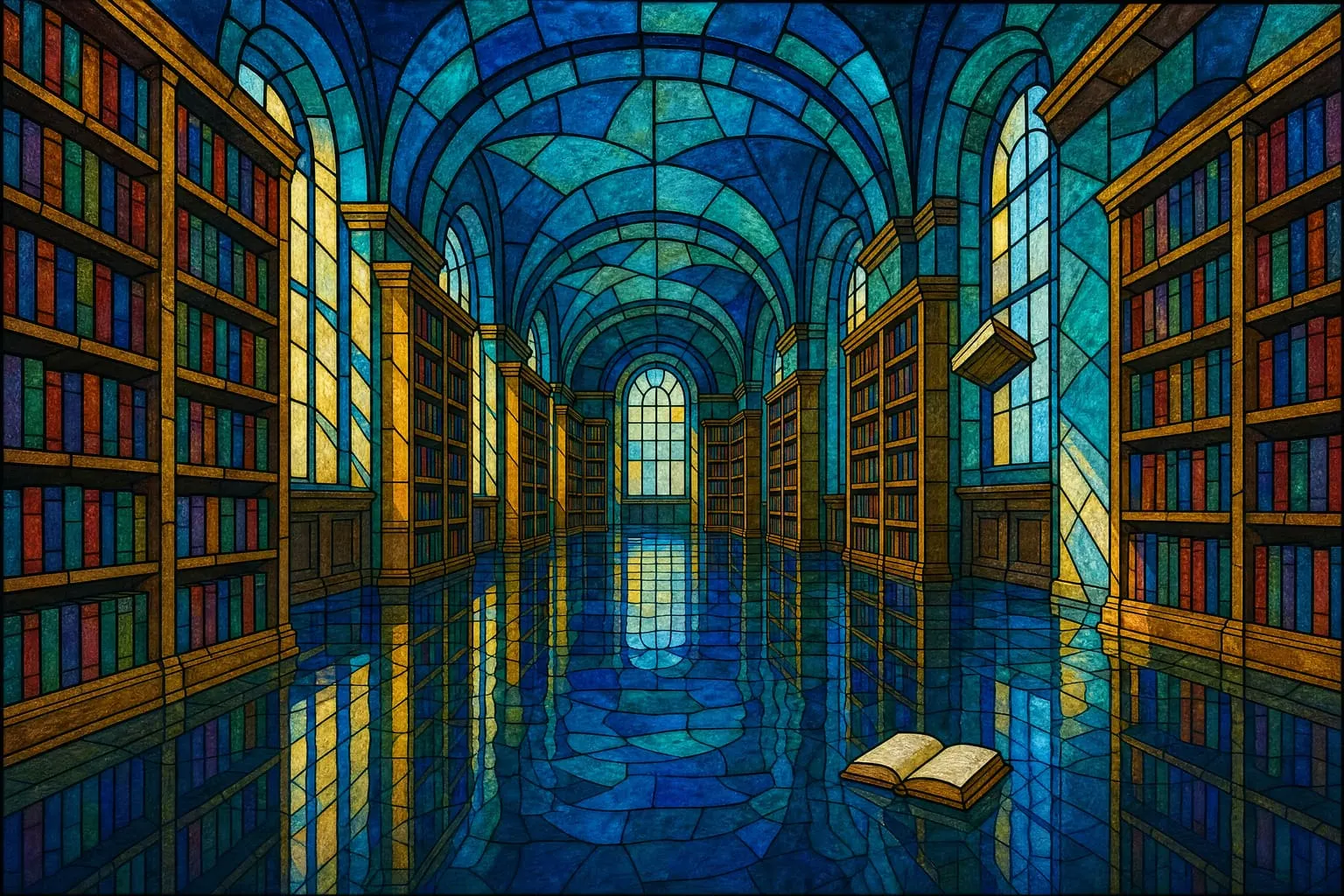 A flooded library hall rendered as leaded stained glass