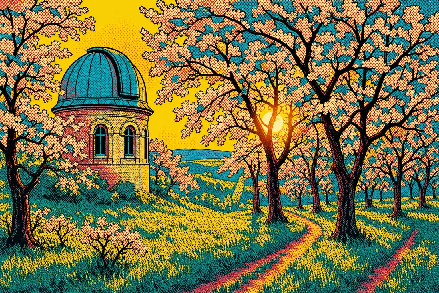 An observatory dome in a blossoming orchard, printed in halftone