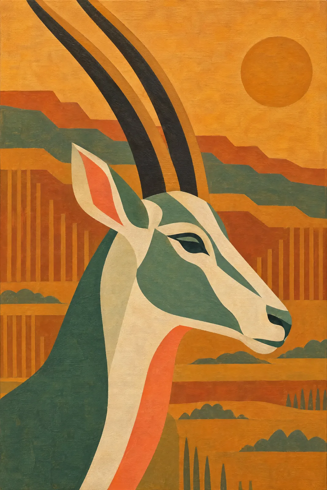 An oryx head in profile against a desert sun, Art Deco