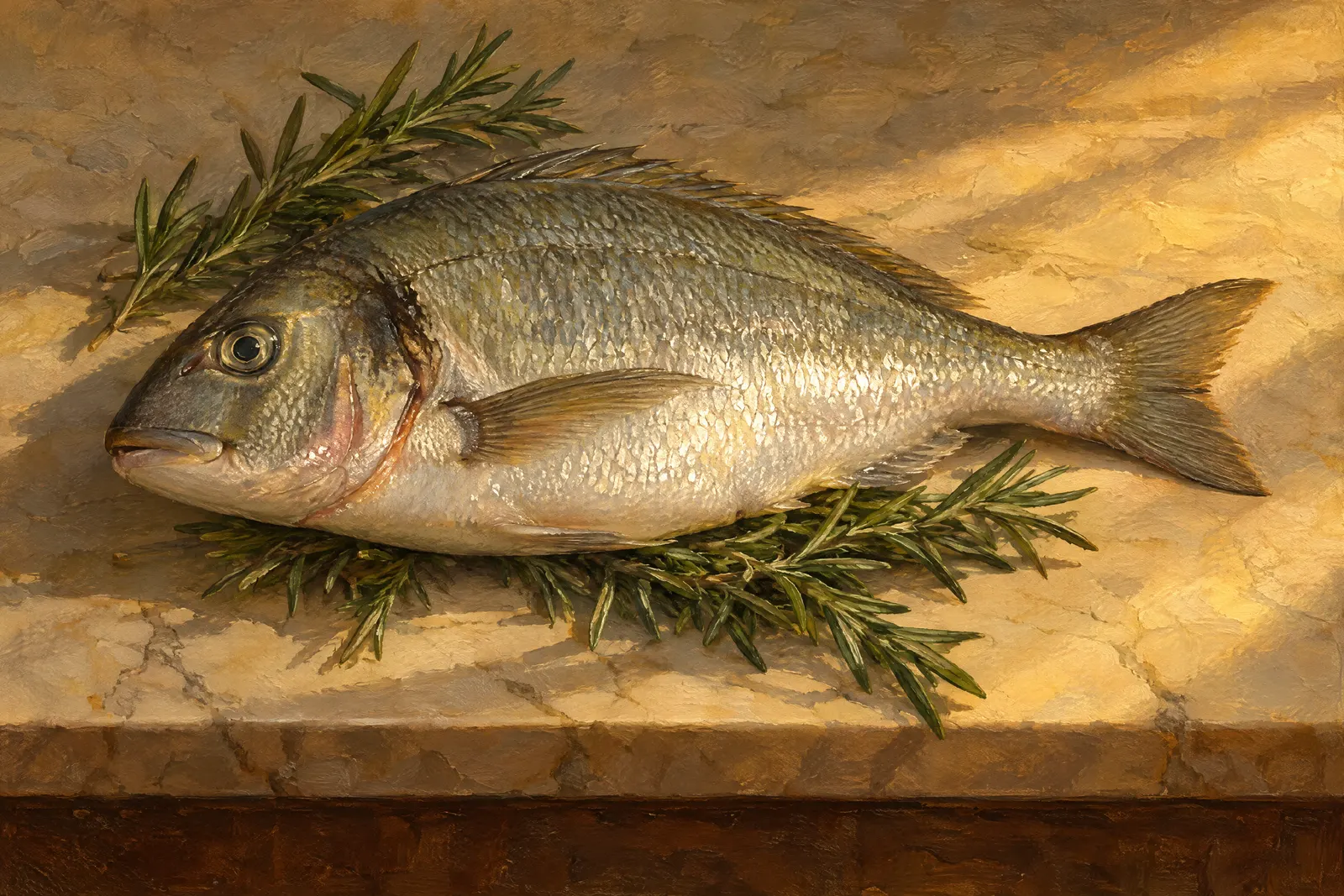 A sea bream on rosemary on a marble slab, in oils