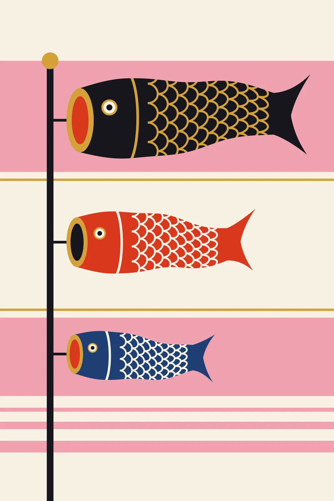 Three carp streamers flying from a pole over pink bands