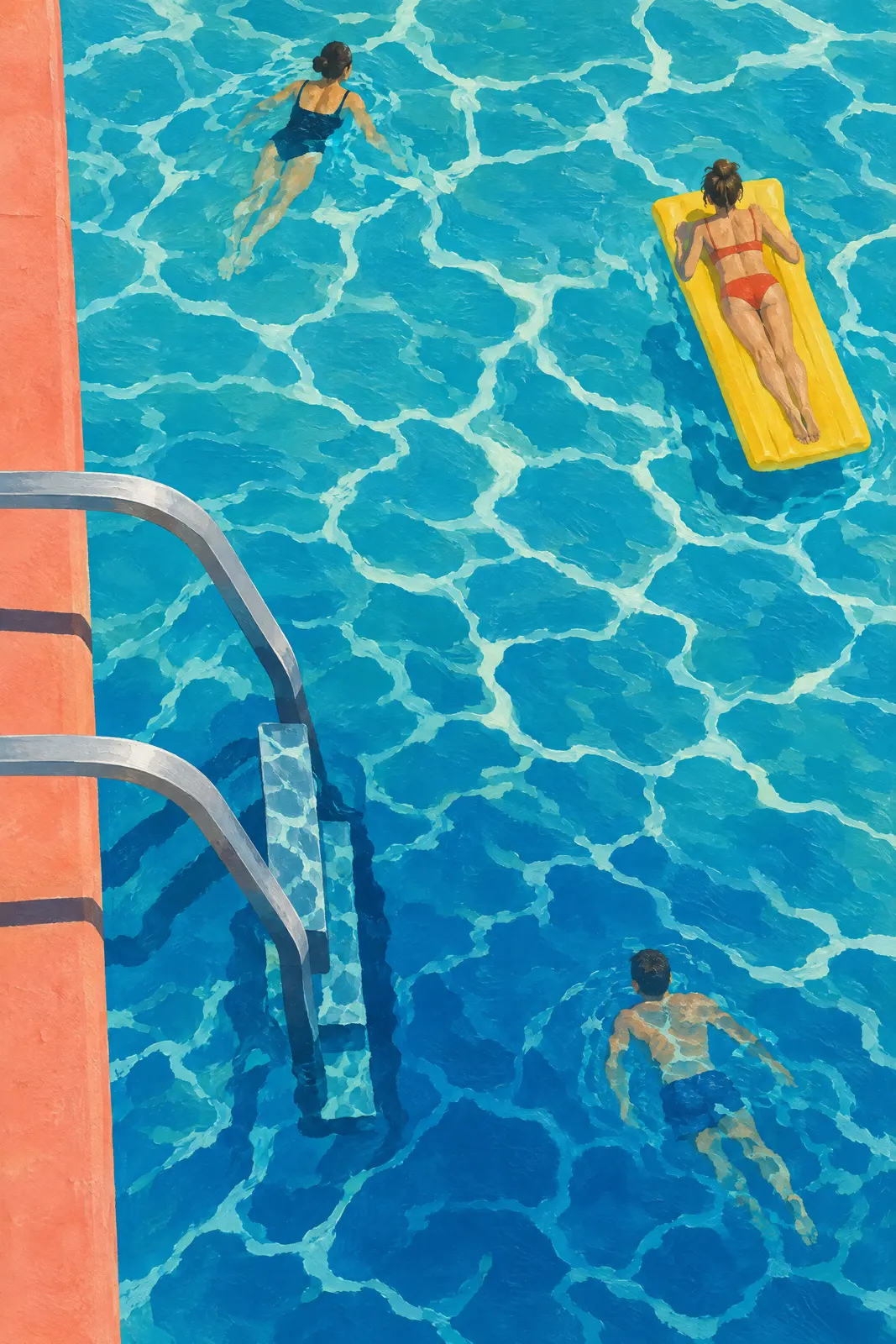 Swimmers and a yellow float seen from above a pool