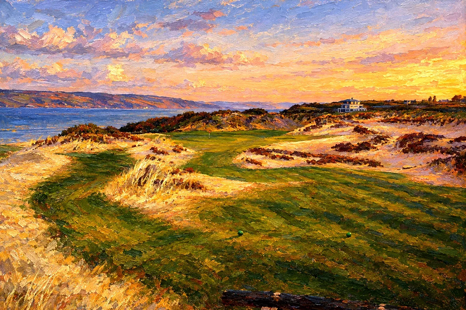 A links fairway above the firth at Castle Stuart, in oils