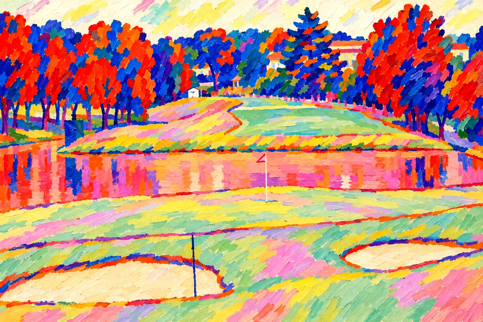 A golf green across water painted in Fauvist colour