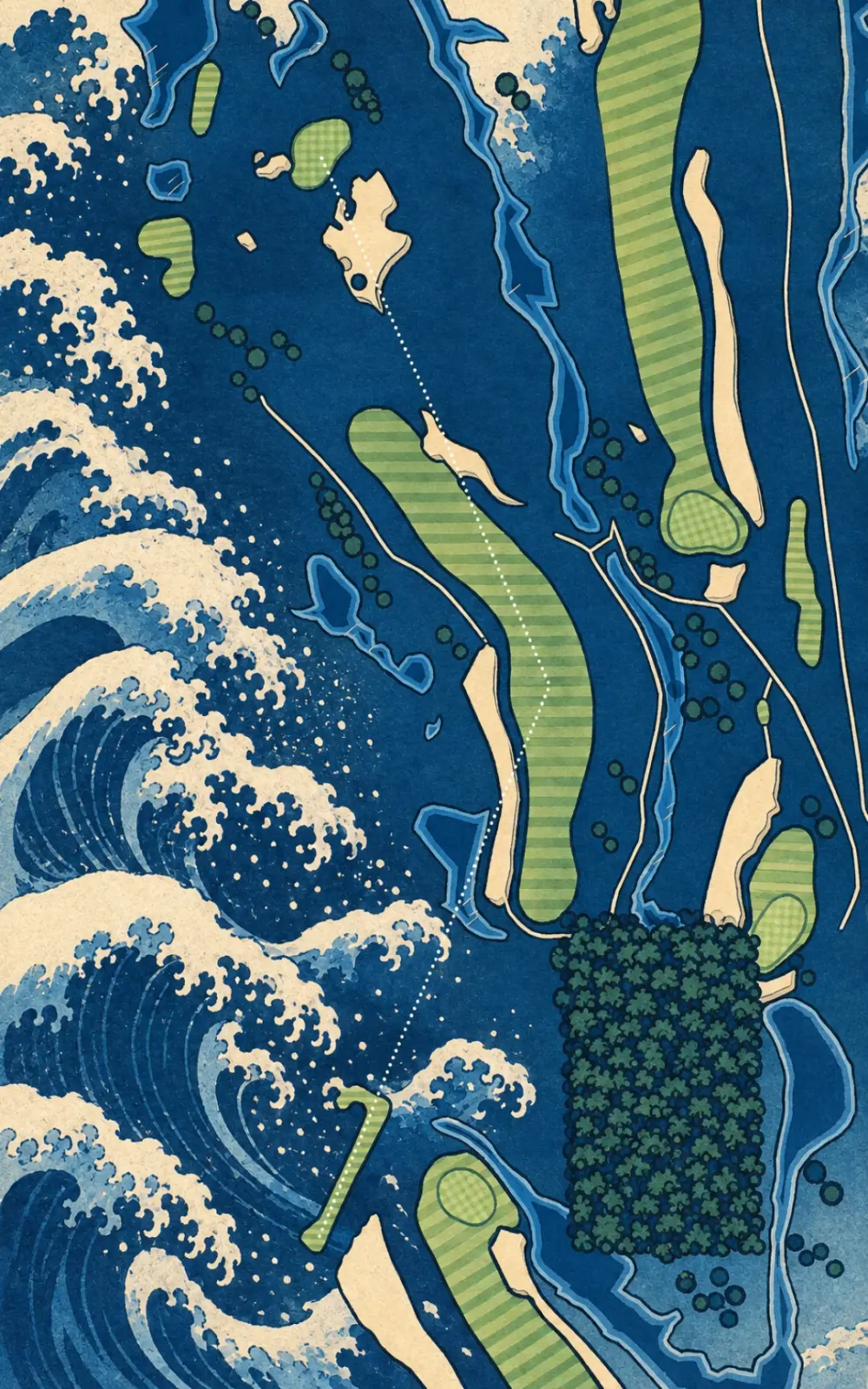 The Ocean Course at Kiawah Island mapped among woodblock waves