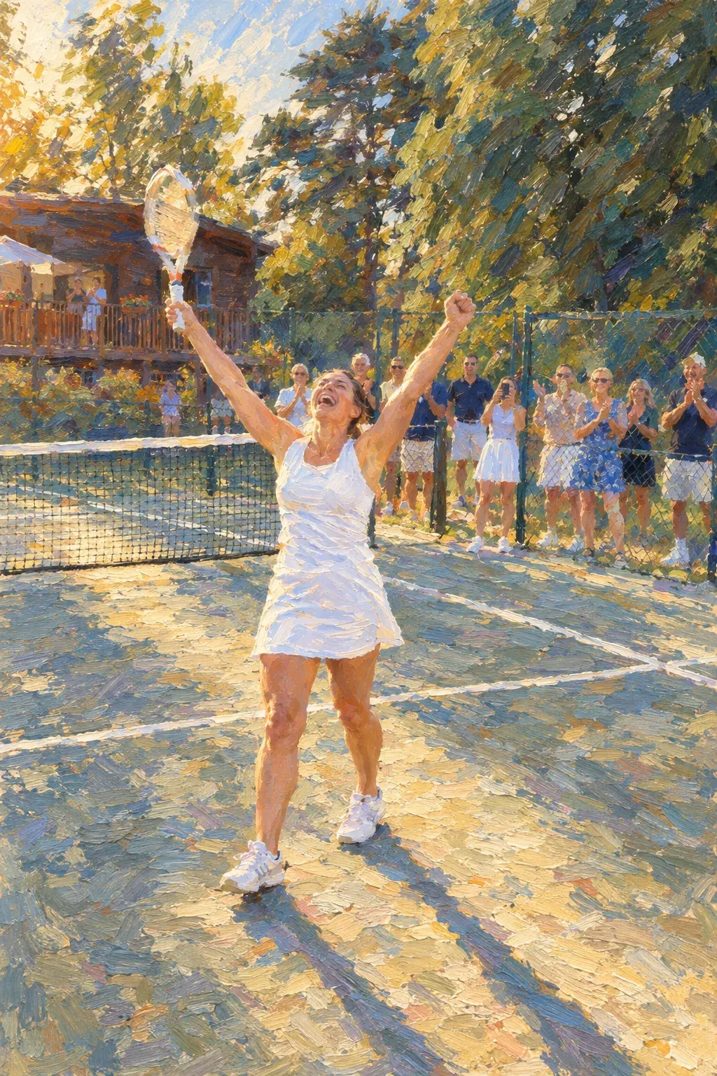 A tennis player with arms raised in victory, painted after Sorolla