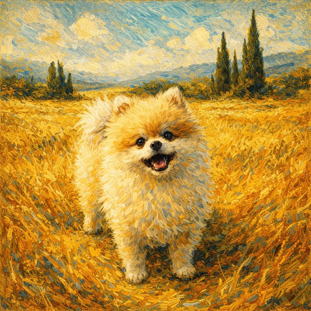 A Pomeranian in a wheat field painted after Van Gogh