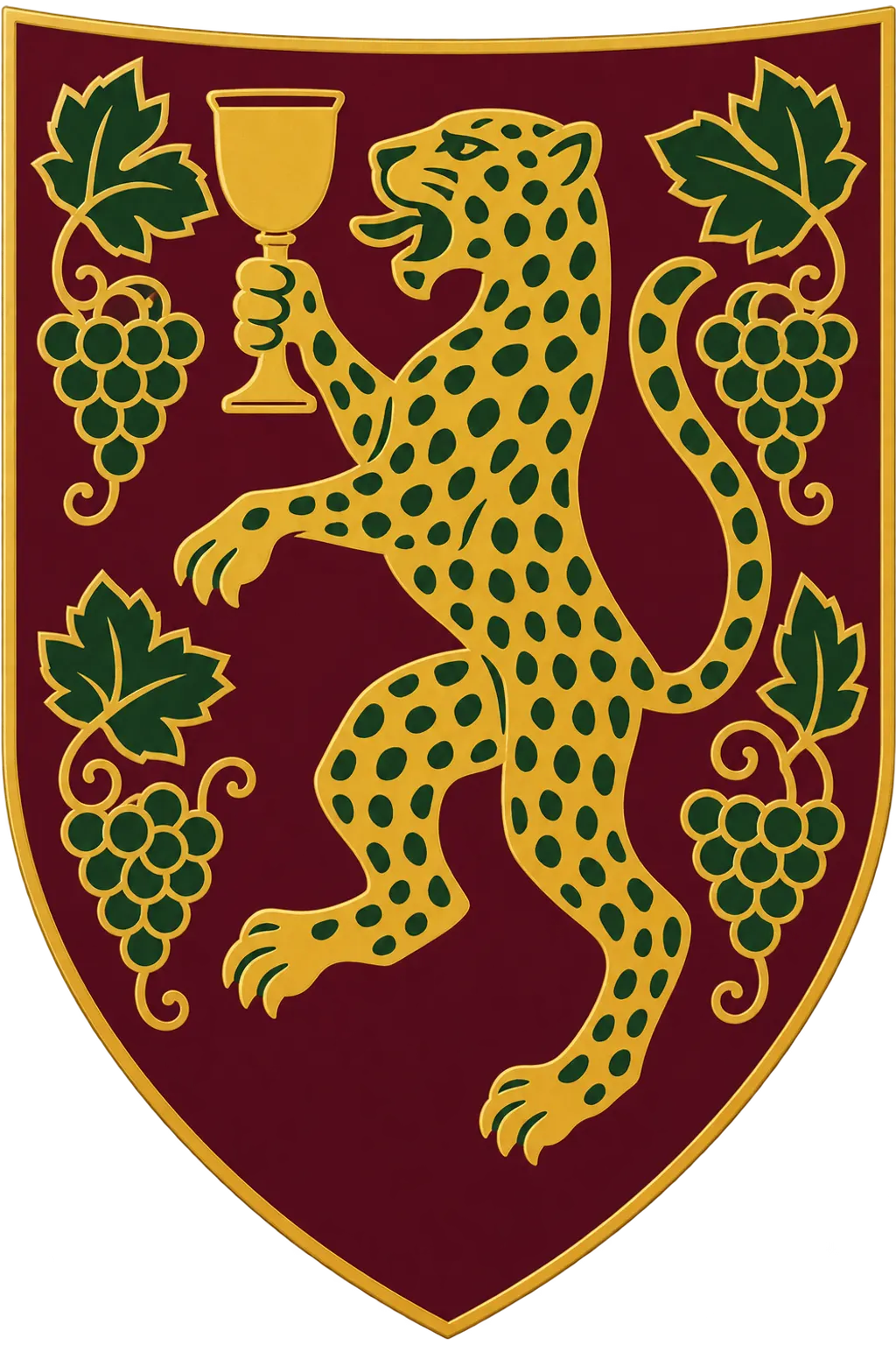 A leopard holding a goblet on a shield of grapevines