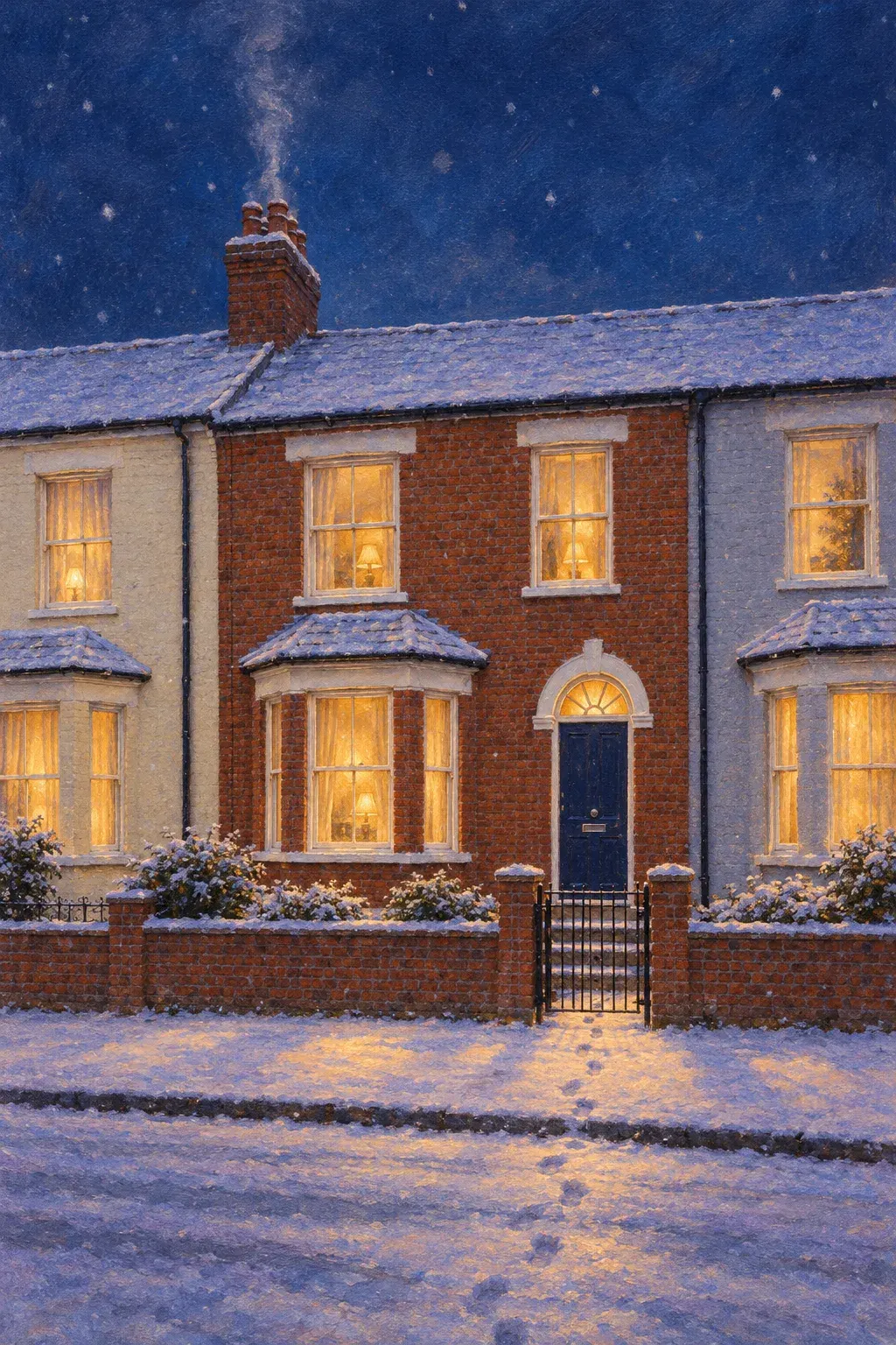 A brick terrace house at dusk under first snow, windows lit