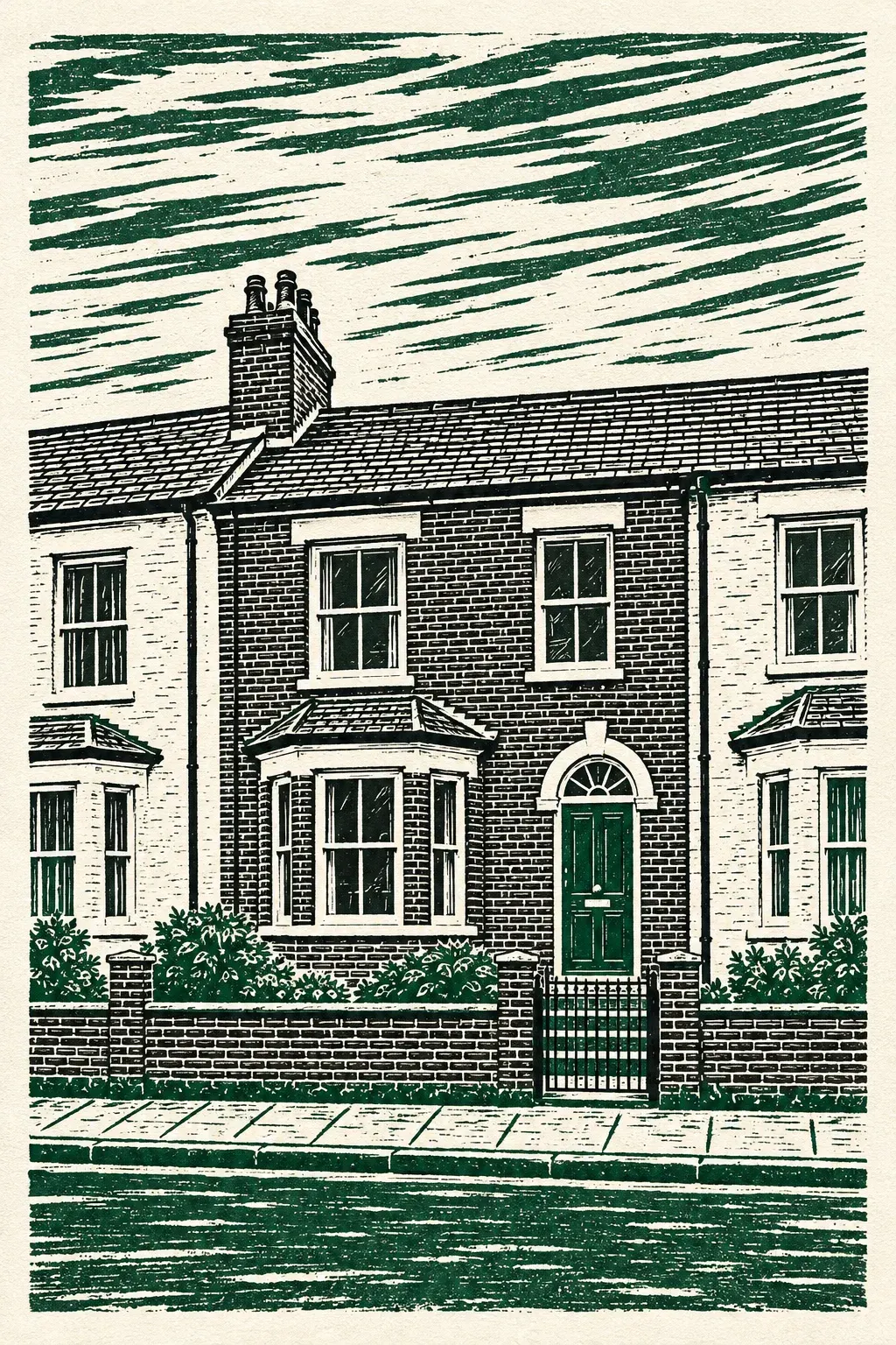 A Victorian terrace cut as a two-colour green linocut