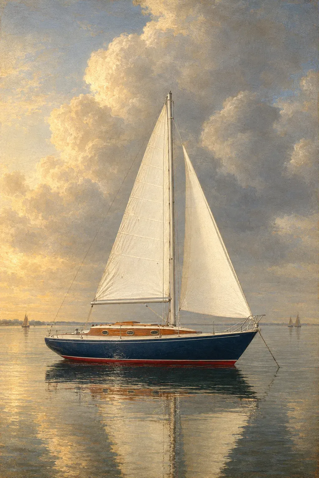 A sloop becalmed under tall clouds, after Dutch marine painting