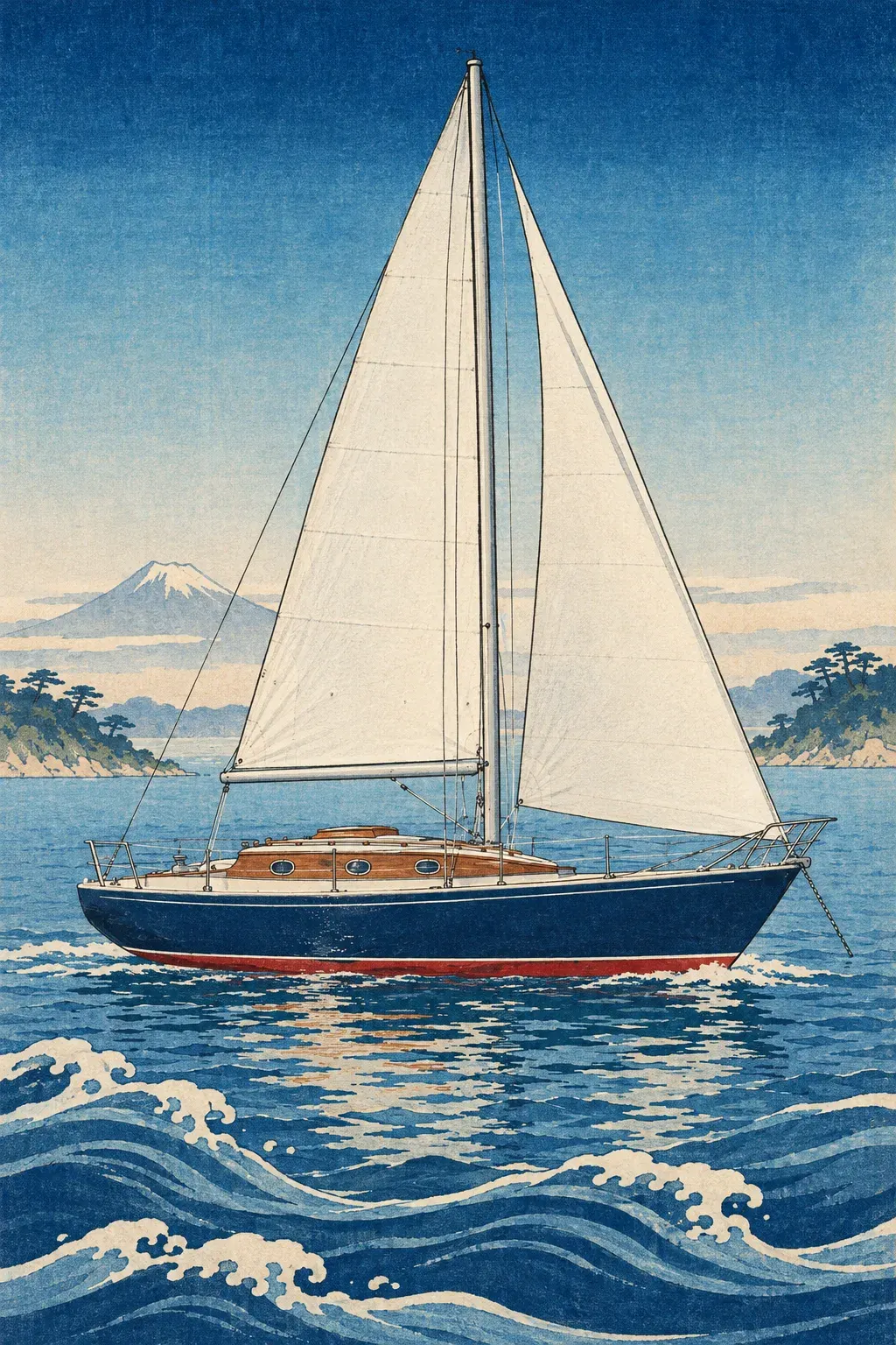 A blue-hulled sloop under sail in Japanese woodblock waves