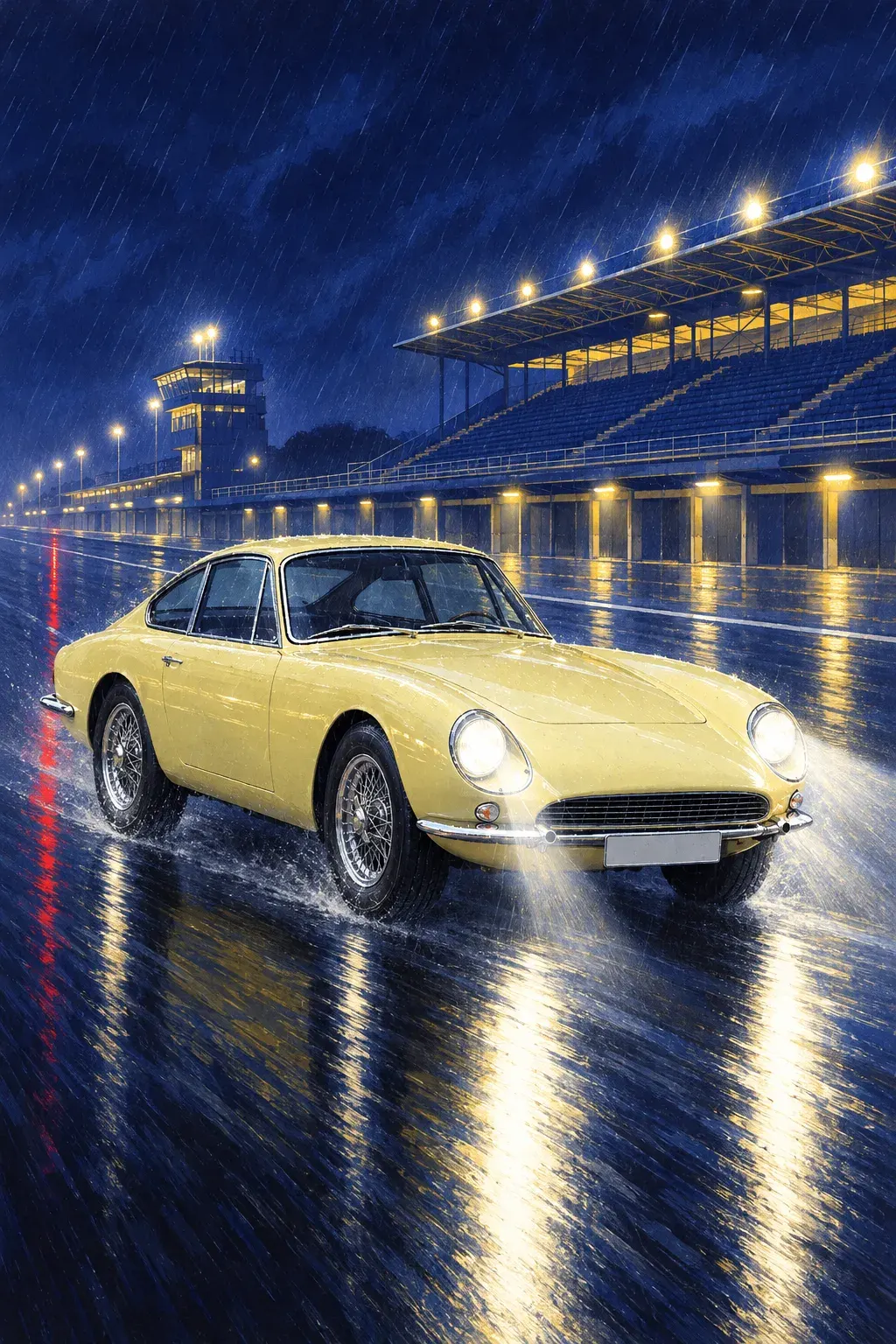 A pale yellow coupe racing past lit grandstands in the rain