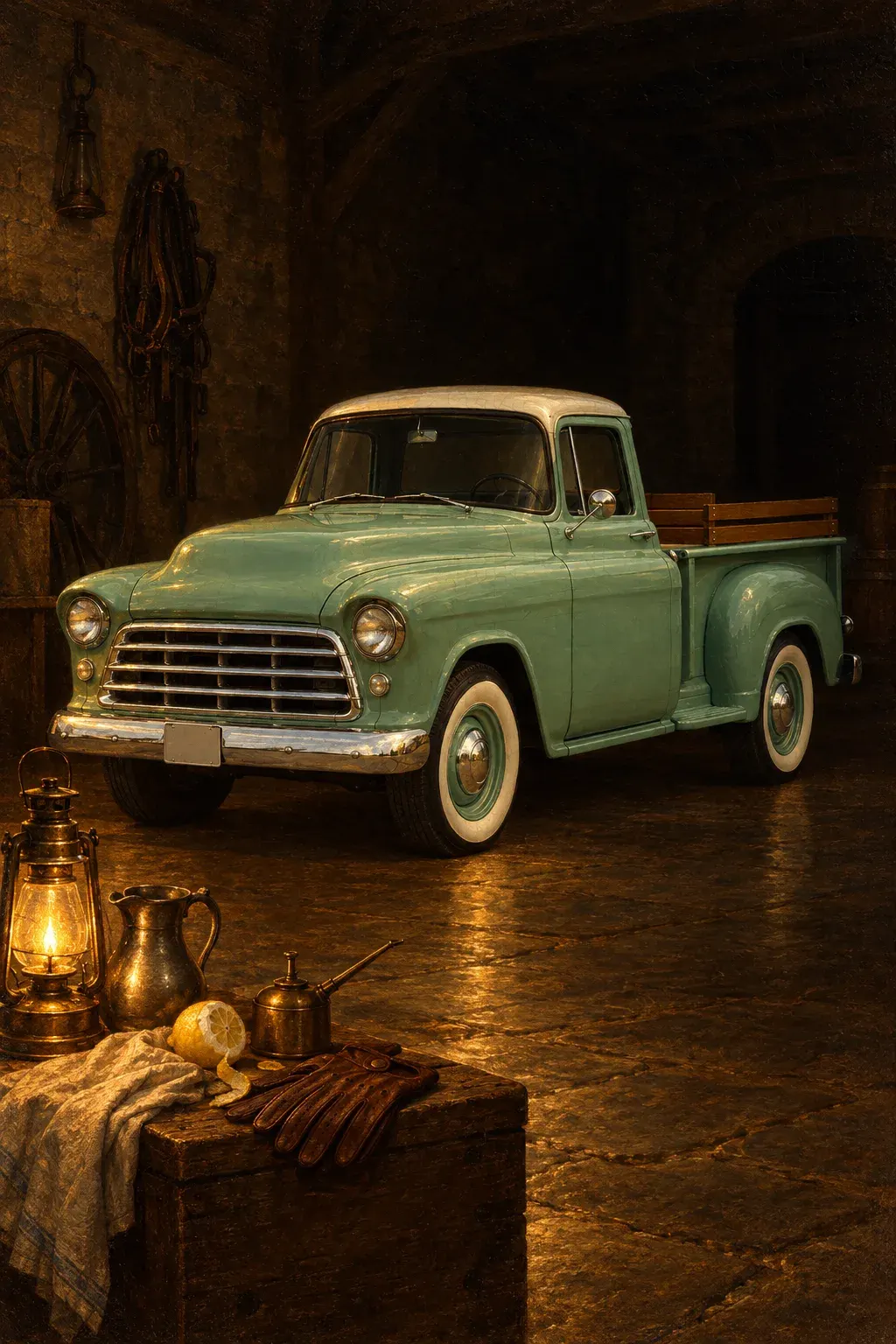 A seafoam pickup truck in a lantern-lit barn still life