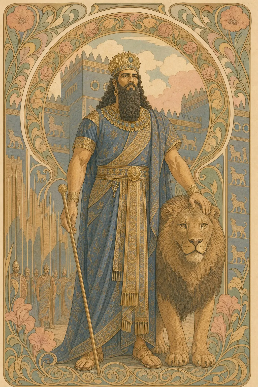 Gilgamesh with his hand on a lion, in an Art Nouveau frame