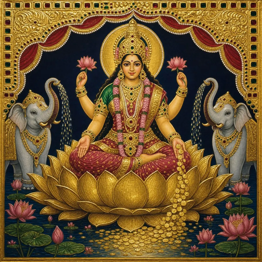 Lakshmi on a golden lotus between elephants, in Tanjore style