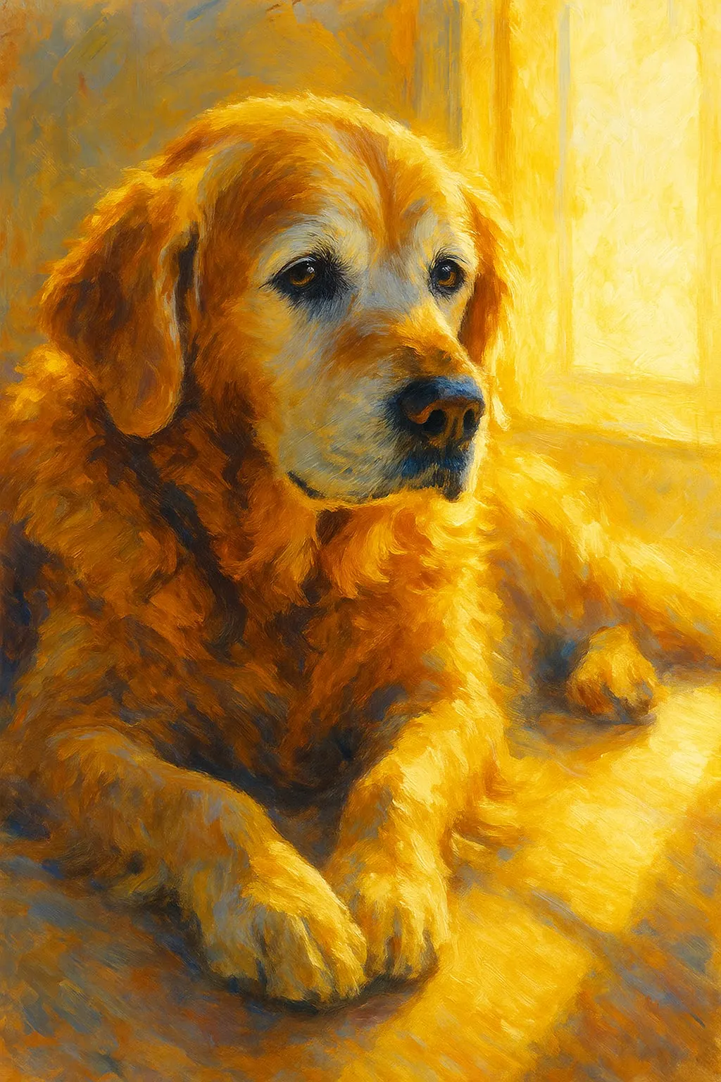 An old golden retriever lying in warm window light