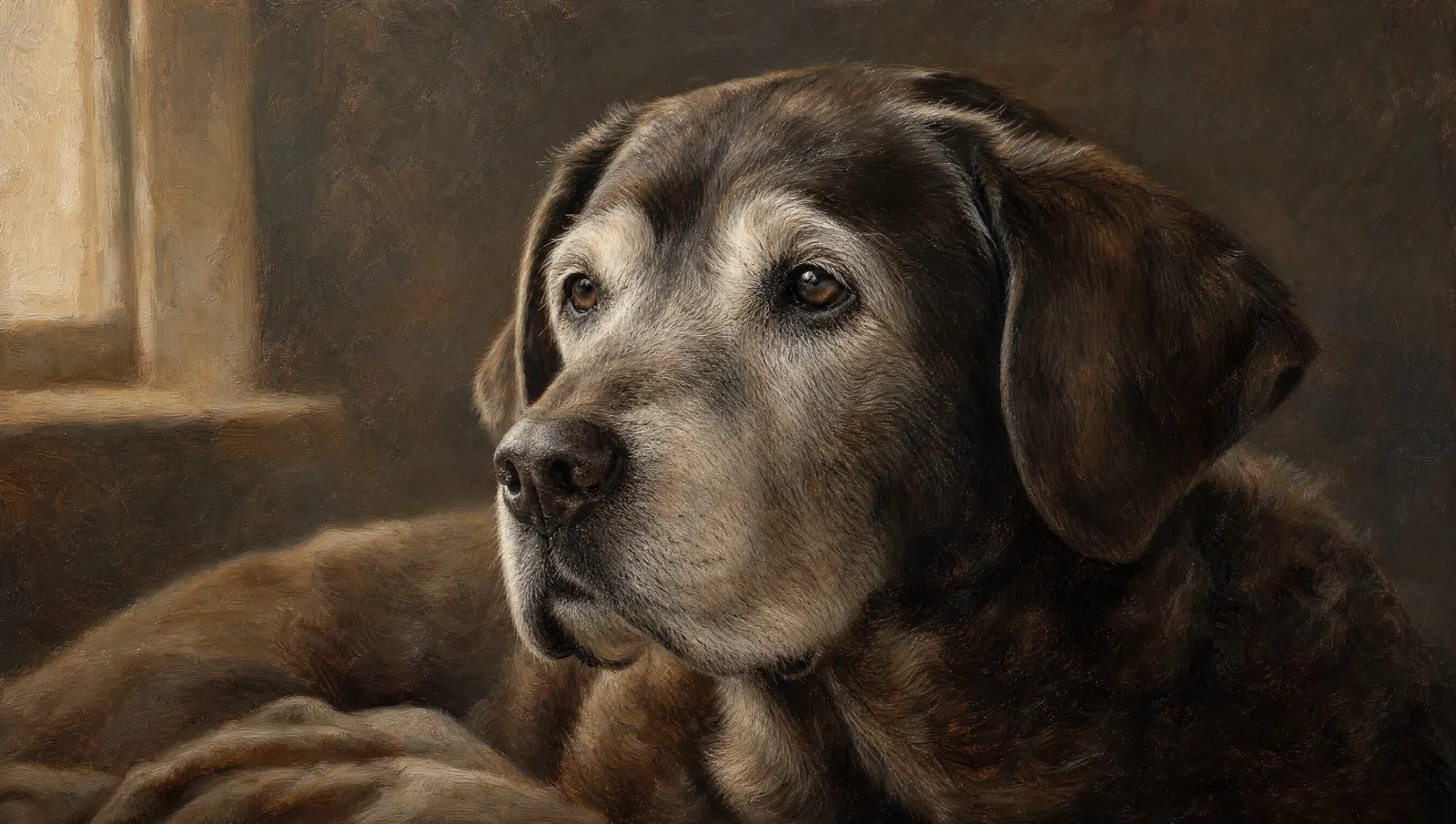 A grey-muzzled Labrador resting by a window, in oils