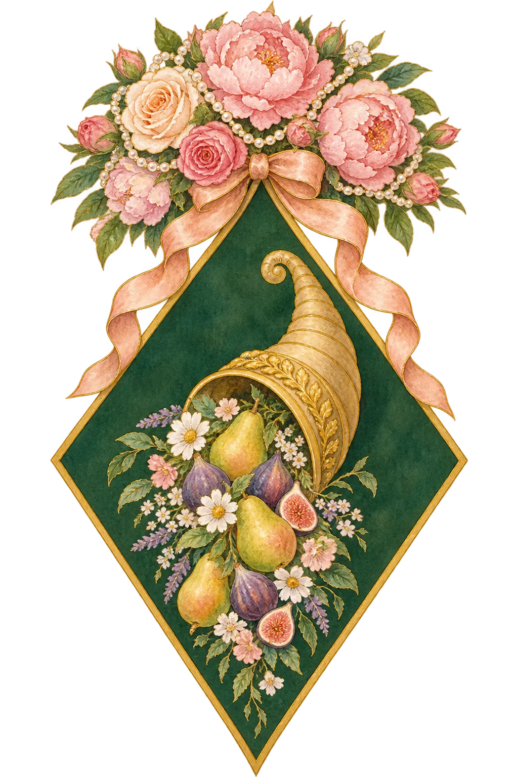 A cornucopia of pears and figs crowned with roses