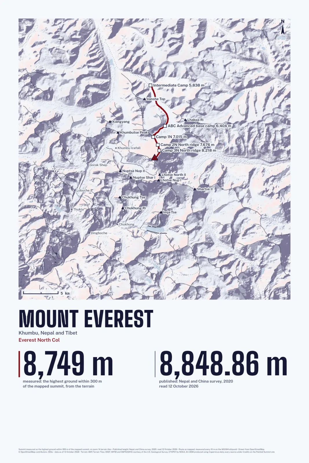 Mount Everest in shaded relief with a climbing route marked