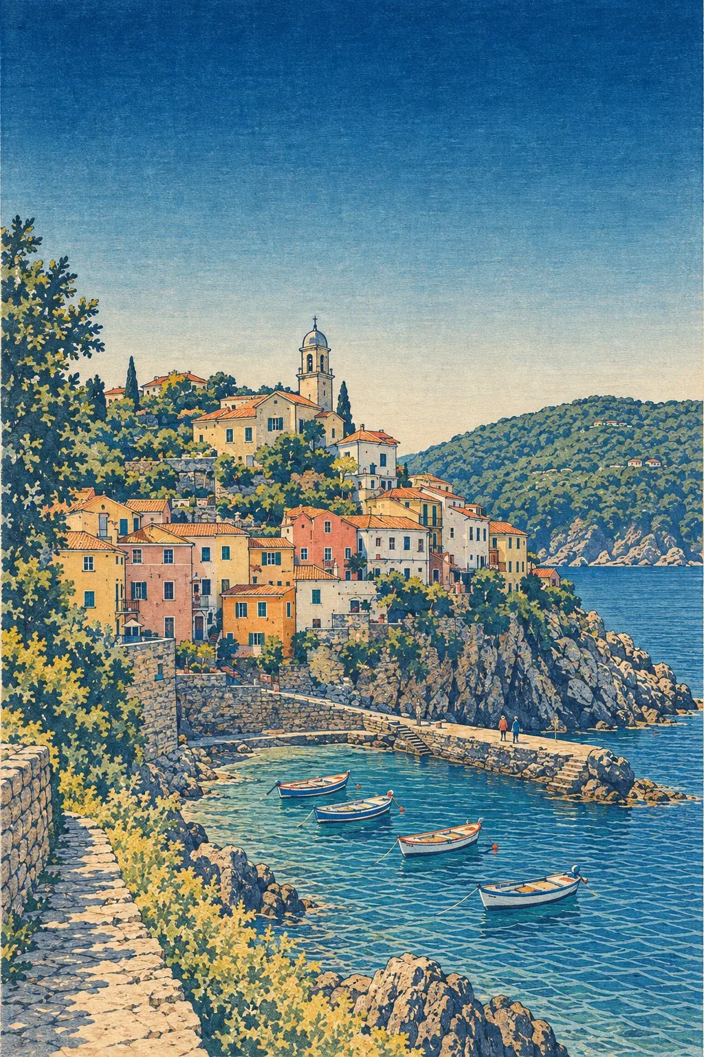 A hillside harbour town and moored boats in woodblock colour