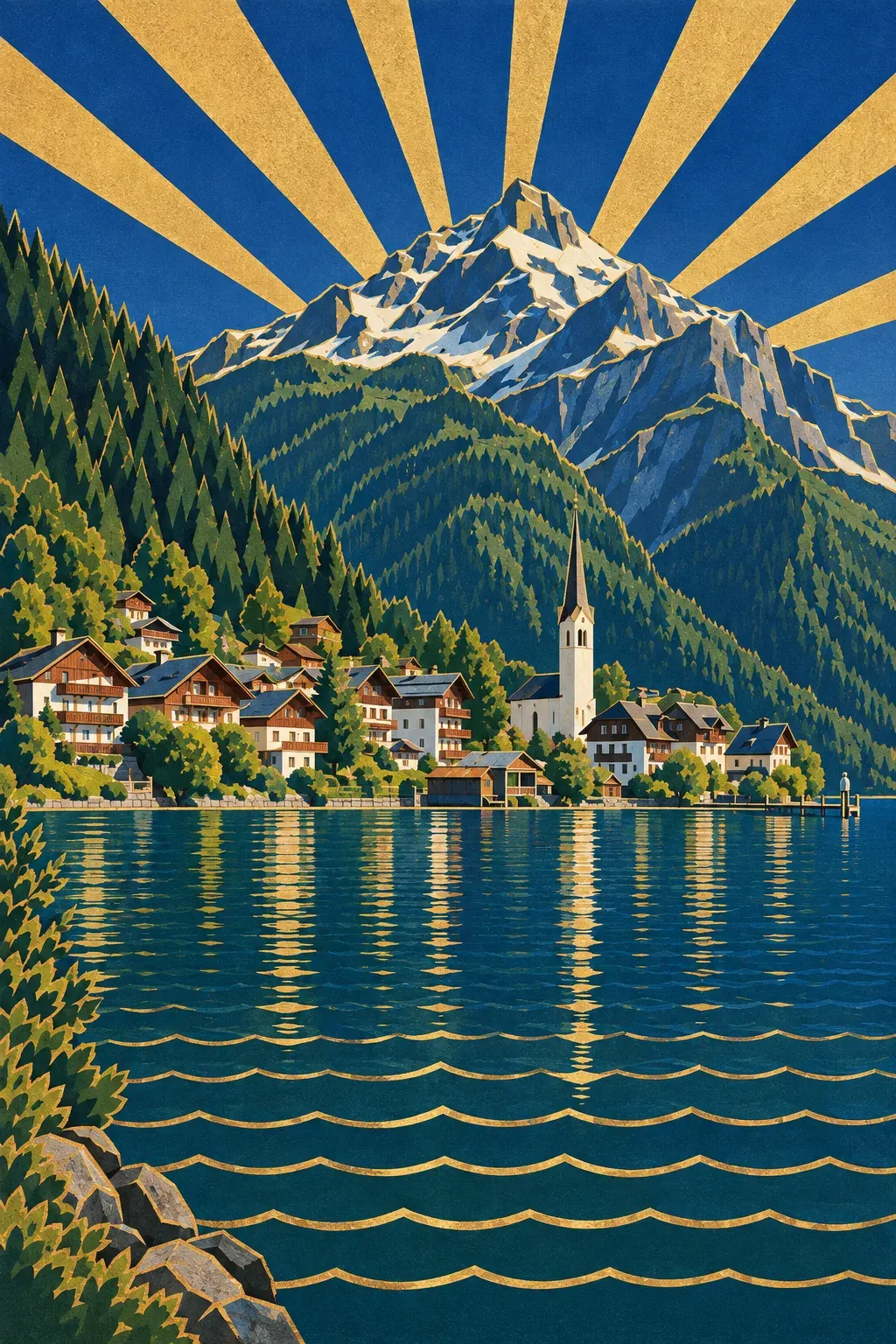 An alpine lake village under a gold sunburst, travel poster style