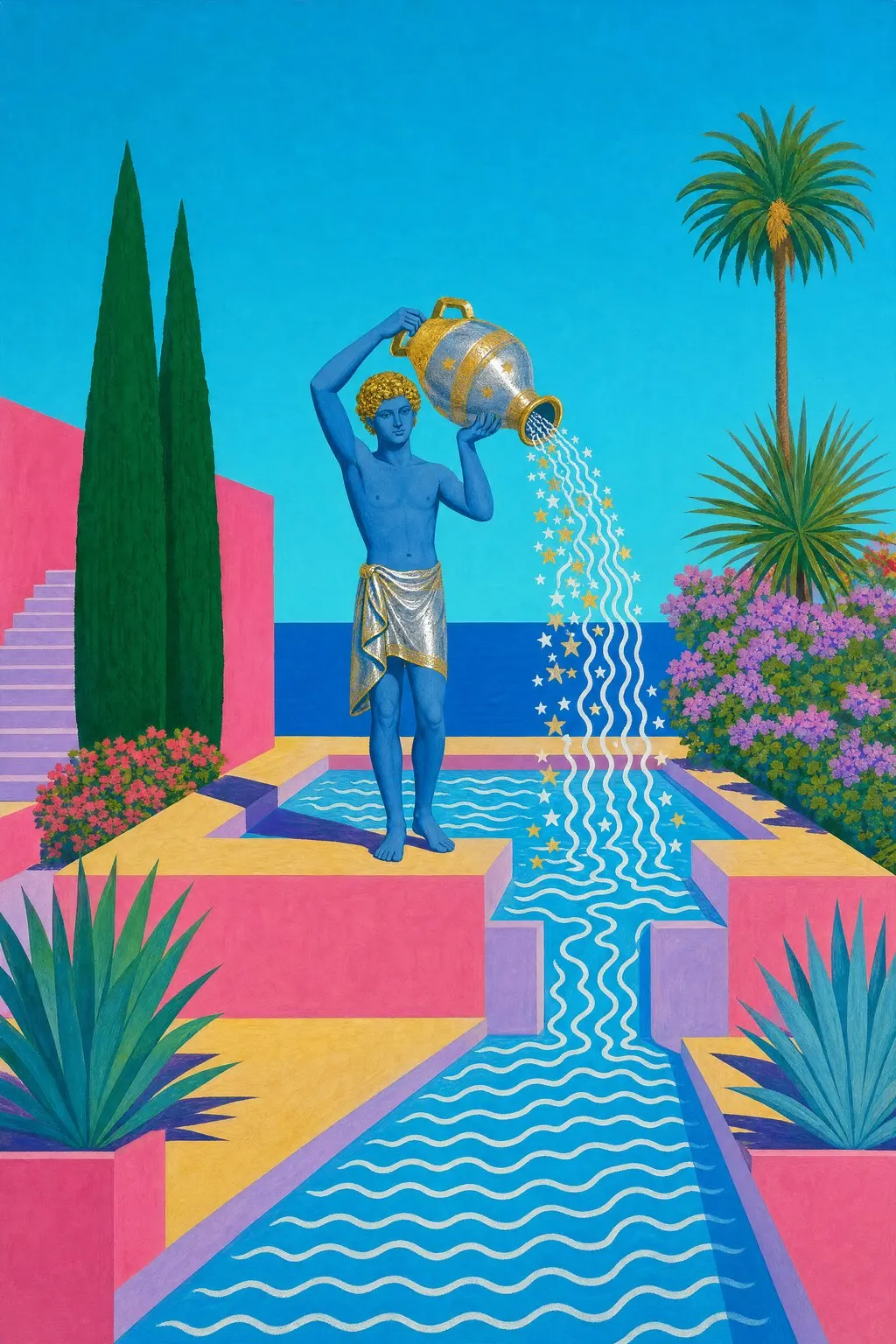 Aquarius pouring water into a pink and turquoise poolside garden
