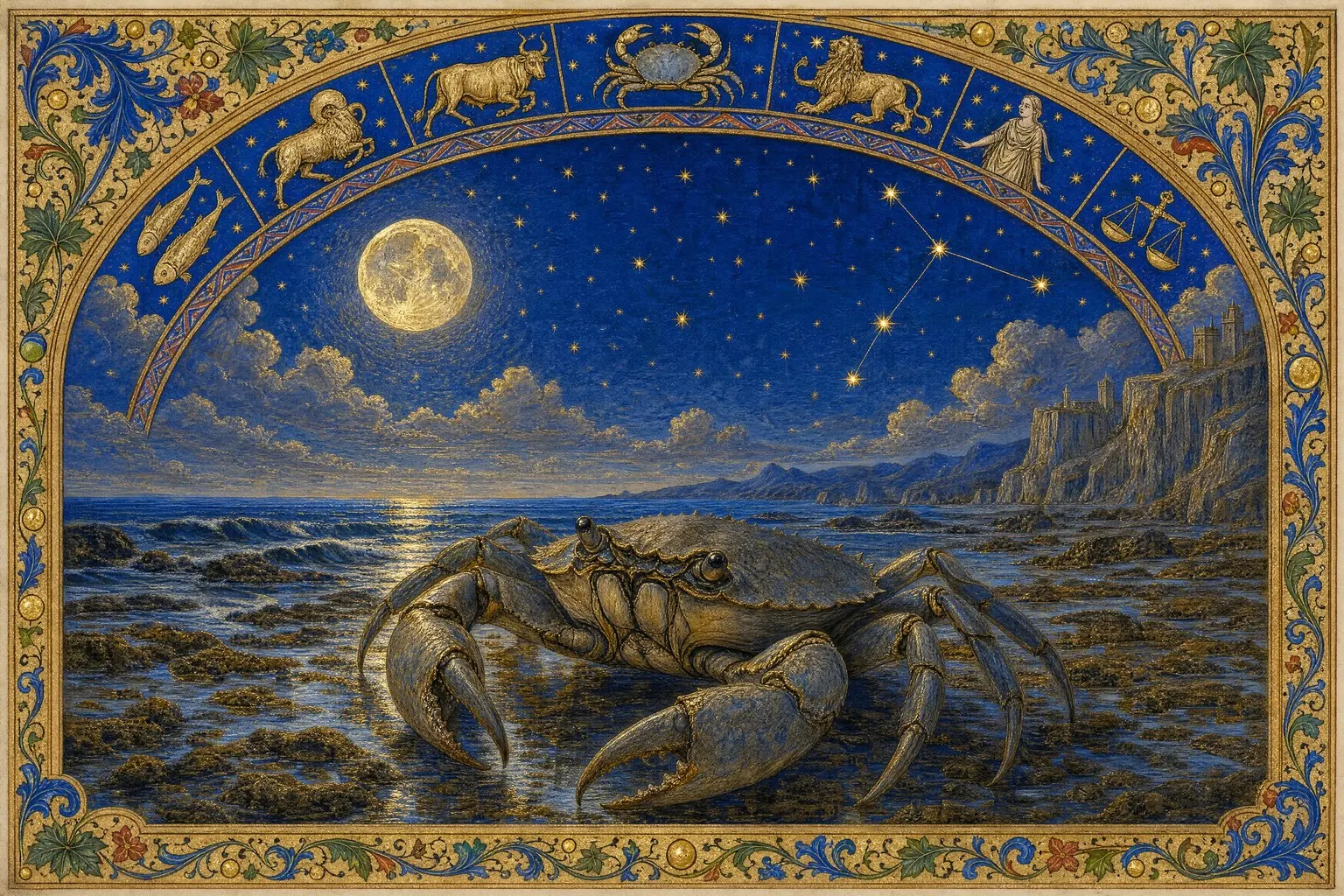 A crab on a moonlit shore beneath a book of hours zodiac
