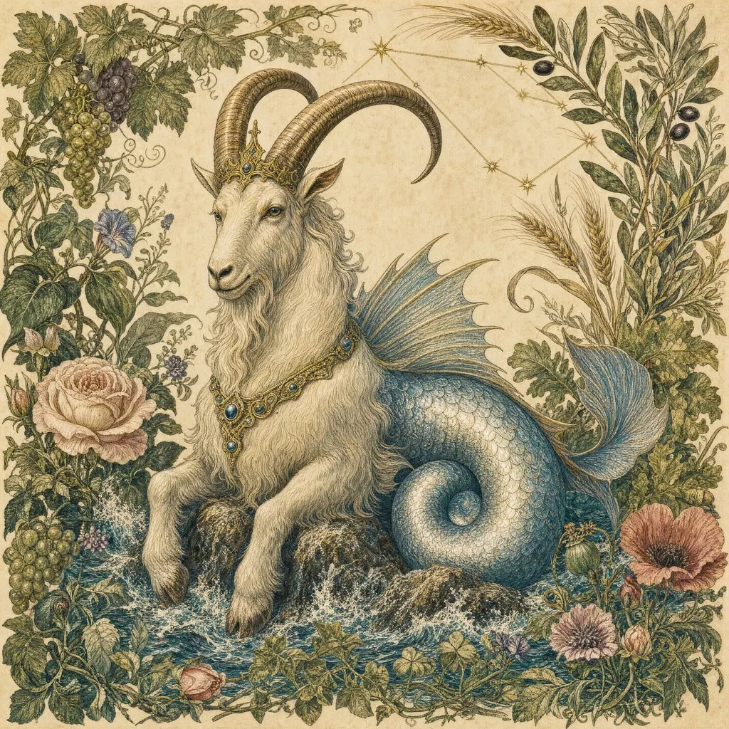 Capricorn the sea goat among roses, grapes and olive leaves