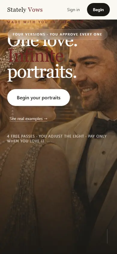 Stately Vows's first screen on a phone, 390 wide.