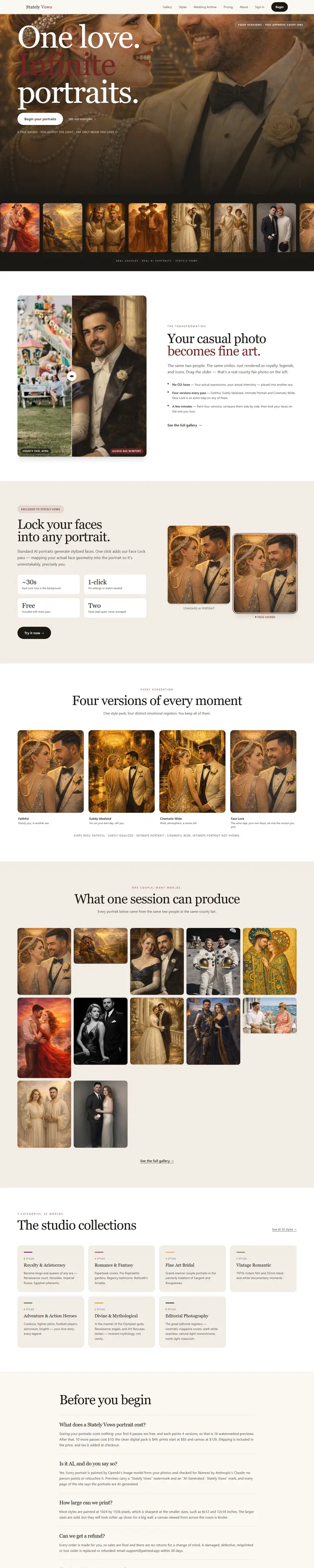 Stately Vows's home page from top to bottom.