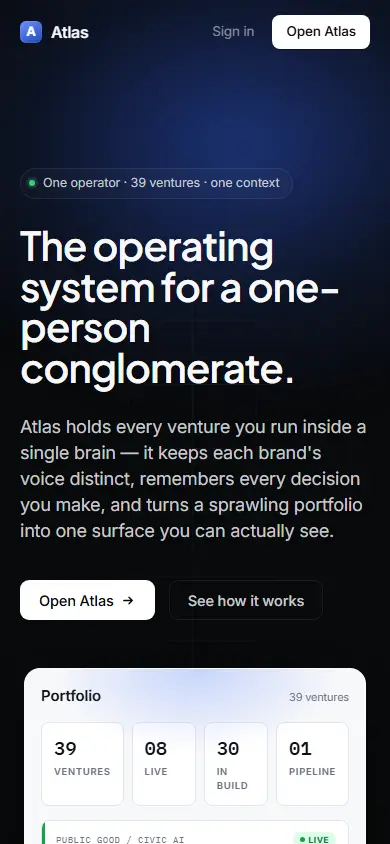 Atlas's first screen on a phone, 390 wide.