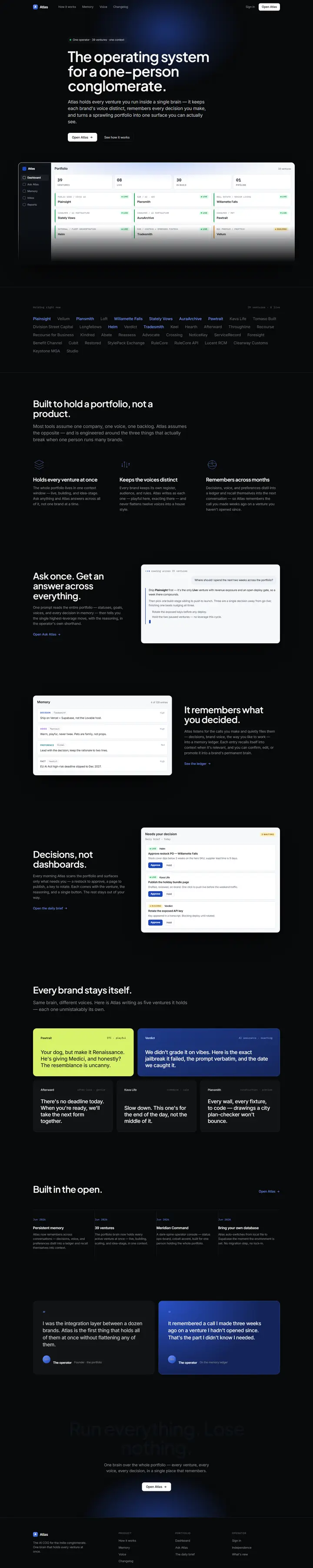 Atlas's home page from top to bottom.