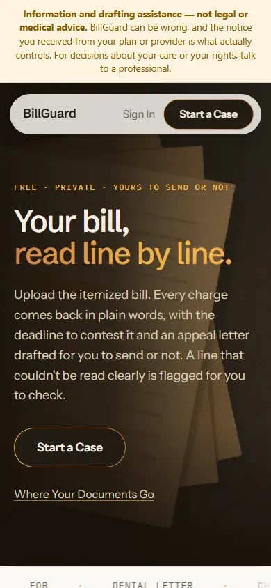 BillGuard's first screen on a phone, 390 wide.