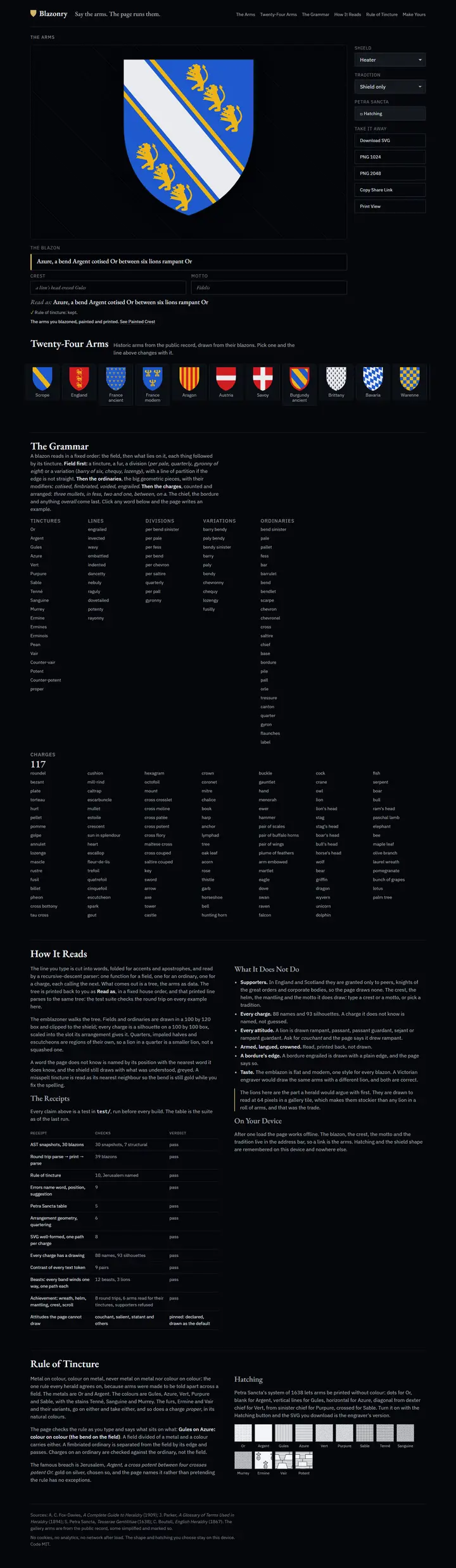 Blazonry's home page from top to bottom.