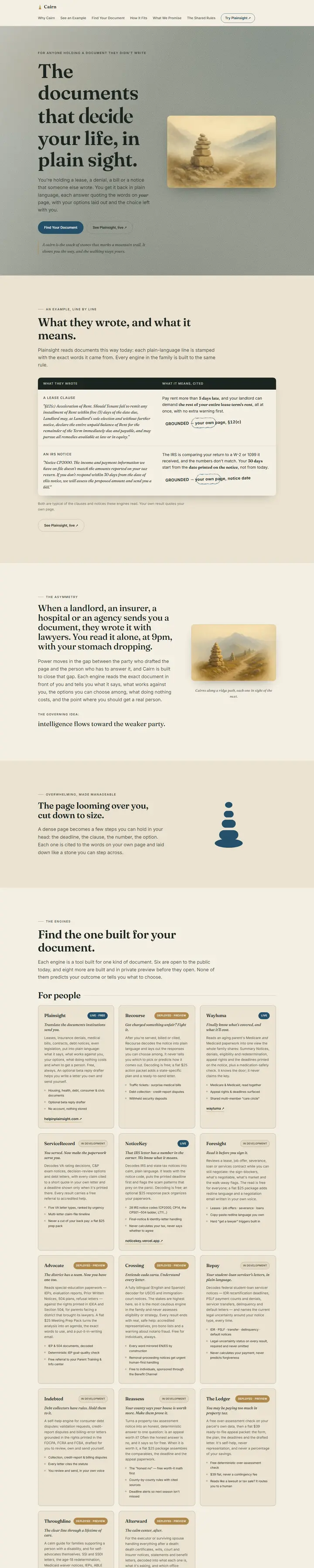 Cairn's home page from top to bottom.