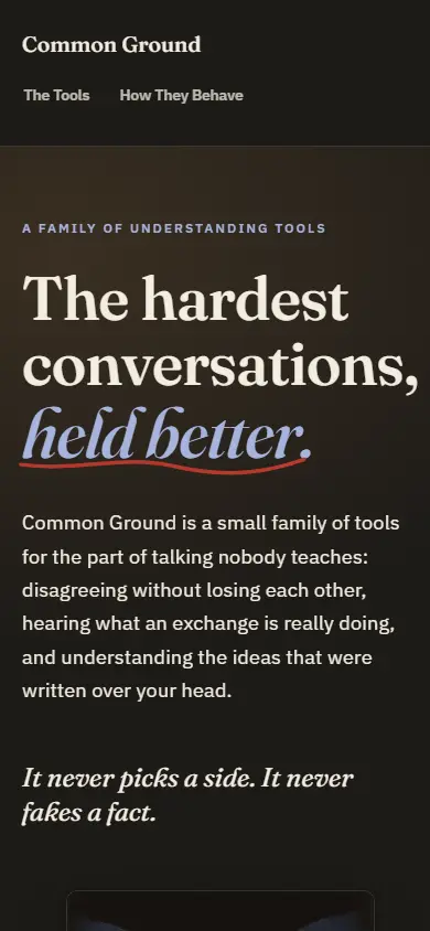 Common Ground's first screen on a phone, 390 wide.