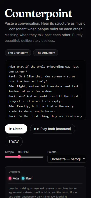 Counterpoint's first screen on a phone, 390 wide.