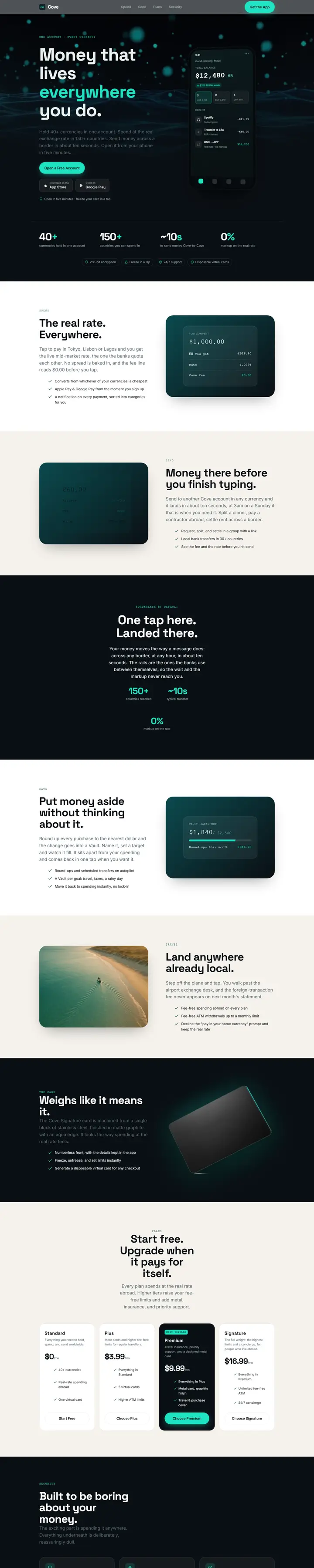 Cove's home page from top to bottom.