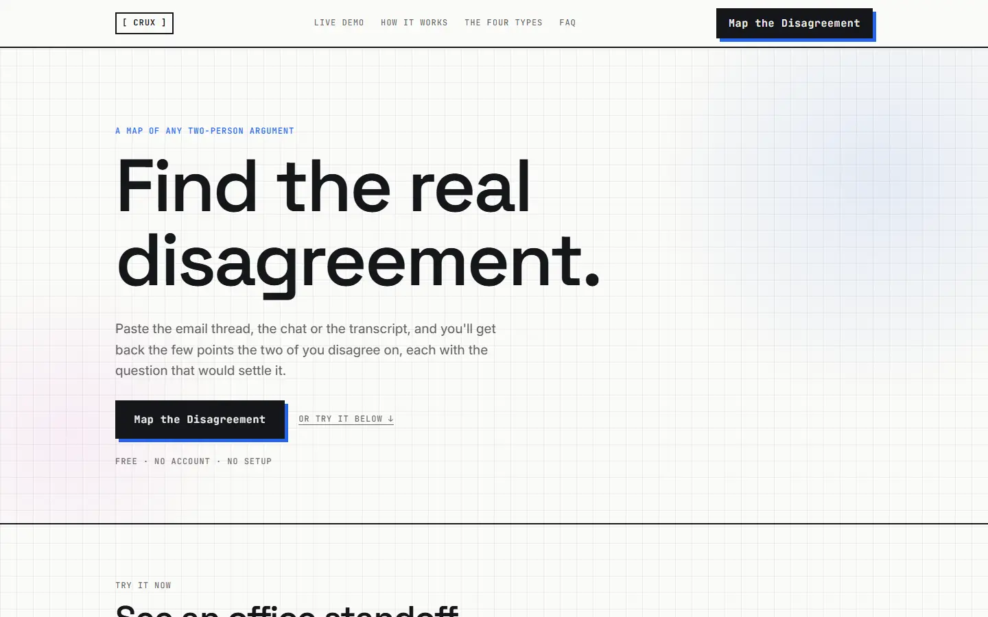 Crux's first screen at 1440 wide, captured October 15, 2026.
