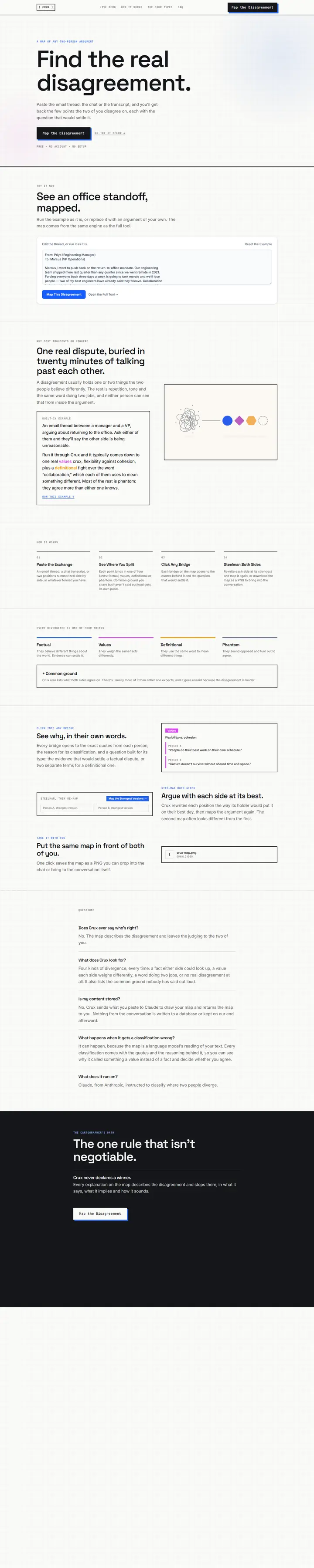 Crux's home page from top to bottom.
