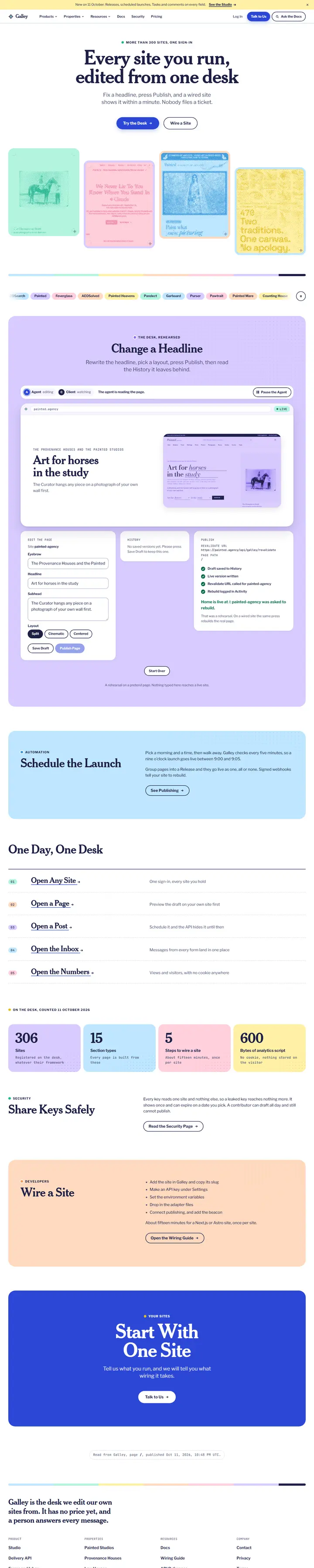 Galley's home page from top to bottom.