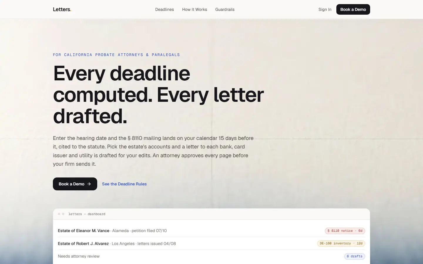 Letters's first screen at 1440 wide, captured October 15, 2026.